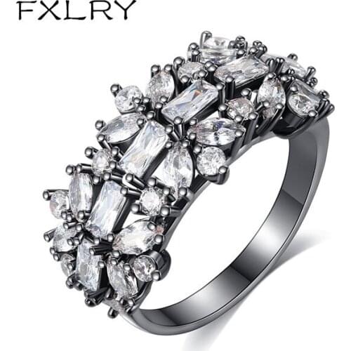 FXLRY New Trendy Gun black Color Micro Paved Cubic Zircon Adjustable Ring for Women Party Fashion Jewelry
