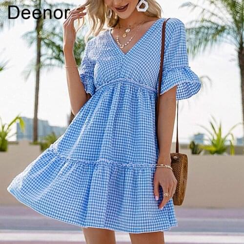Deenor Mini Dress Blue Plaid Ruffle Sleeve Plaid Dress Sexy V-neck Ruffle Sleeves Summer Womens Dress 2021 Elegant Lady Dress