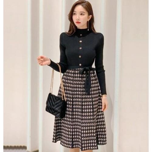 Autumn Winter 2020 New Korean Temperament Houndstooth Plaid Belt Lace Up Knitted Dress OL Women Elegant Large Swing Party Dress