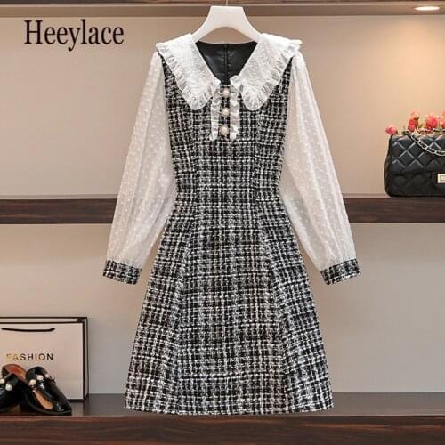 Plus size women luxury vintage tweed dresses autumn 2020 peter pan collar pearl buttons jacquard chiffon long sleeve mini dress