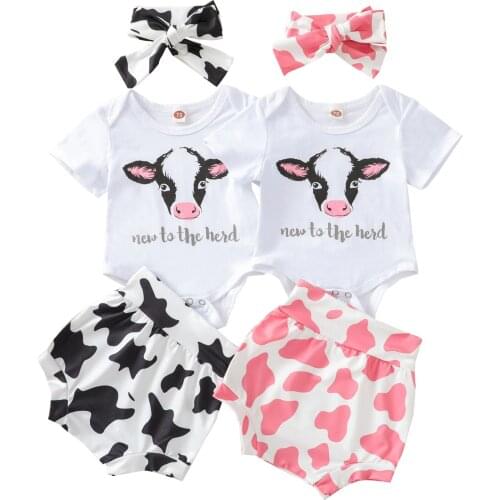 2021-04-26 Lioraitiin 3 Pcs 0-24M Newborn Baby Girl Casual Outfits Letter & Cow Pattern Short Sleeve Romper + Shorts + Headband
