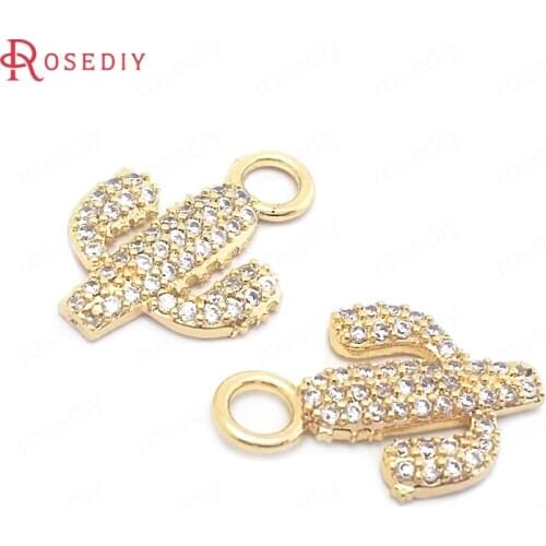 38455)4PCS 11x16MM 24K Gold Color Brass and Zircon Cactus Charms Pendants High Quality Jewelry Making Supplies Diy Accessories