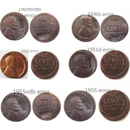 6 differents styles US Wheat Penny Error Off-Center Copper Copy Coin