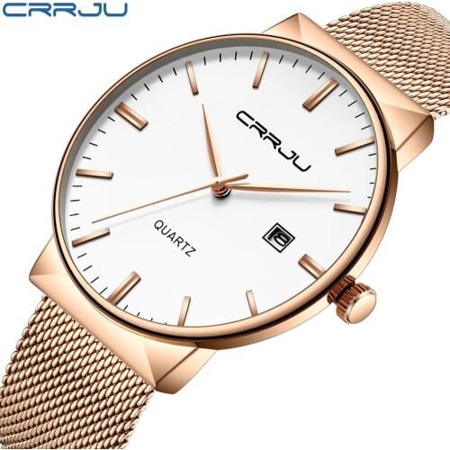 CRRJU Fashion trend simple design mens ultra-thin watch stainless steel daily waterproof quartz wrist watch mens clock gift