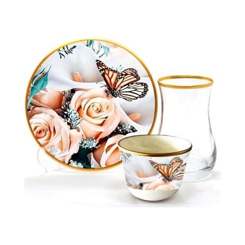 Drop Efe Tea & Arabian Coffee Cup Set 18 Pieces Butterfly Rose