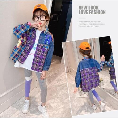 2021 Korea style girls denim patchwork shirt fashion cotton spring girls blouse 5-10t A845