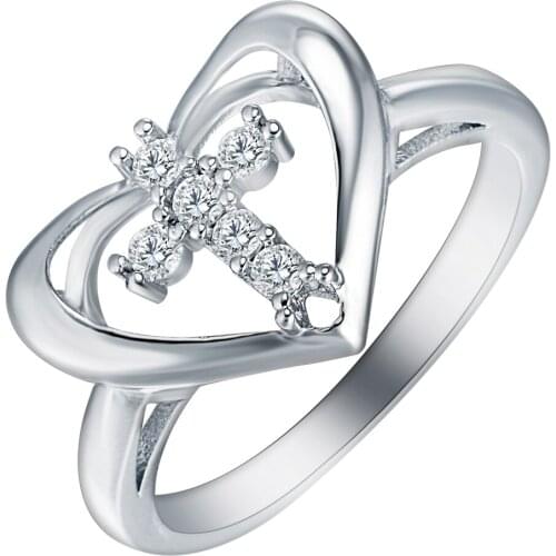 Hainon New Arrival Unique Cross Micro White Zircon Finger Ring for Lover Heart Shape Wedding Party Elegant Fashion Jewelry Rings