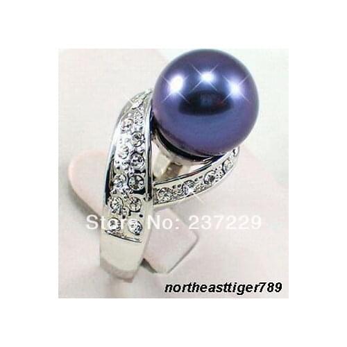 Good>>>@@ Wholesale price S ^^^^Black Blue South Sea Shell Pearl Silver Crystal Ring Size: 7.8.9