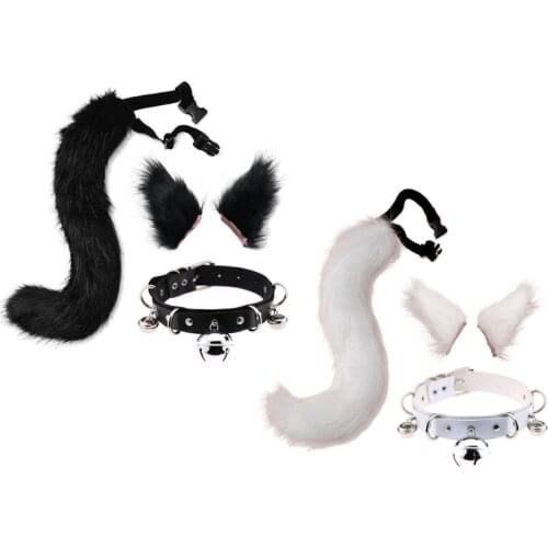 Plush Cat Ears Hair Clip Furry Wolf Tail with Faux Leather Bell Neck Choker Necklace Set Anime Animal Cosplay Costume