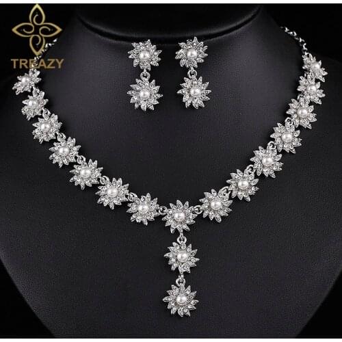 TREAZY Luxury Bridal Jewelry Sets Simulated Pearl Crystal Flower Long Necklace Earrings Sets Wedding Engagement Party Jewelry