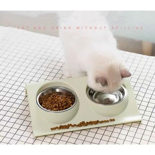 Cat Double Bowl Kitten Stainless Steel миска складная силикон Dog Anti-tipping Feeding Drinking Neck Guard Food Supplies