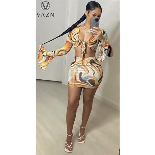 VAZN Summer 2021 European and American Womens Casual Sexy V-Neck Print Cardigan Long Sleeve Dress Set