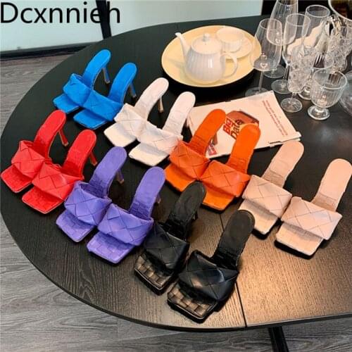 New Candy Color Braided Slippers Women Square Open Toe Mules High Heels Designer Shoes Woman Weave Sandals Women Summer Slides