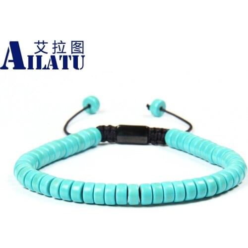 New Arrival 3x6mm Flat Blue Stone Beads with Black Stainless Steel Logo Plate Macrame Bracelet Jewelry