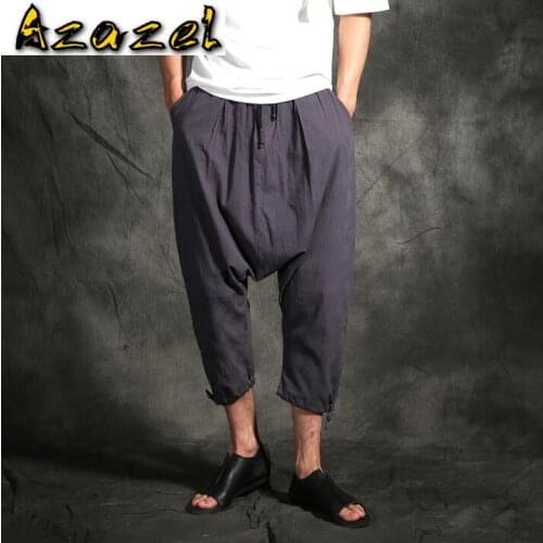 New summer style mens personality cotton loose Jogger harem pants hair stylist elastic waist linen Big fork pants tide trousers