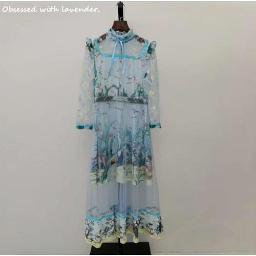 Obsessed with lavender. New summer blue gauze printed dress fairy lovely flower dress holiday Chrysanthemum dress