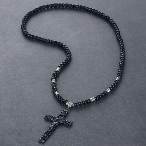 INRI Symbol Crucifix Pendant Leather Rope Necklace for Women Retro Cross Jesus Beads Chain Necklace Mens Religious Jewelry CN13