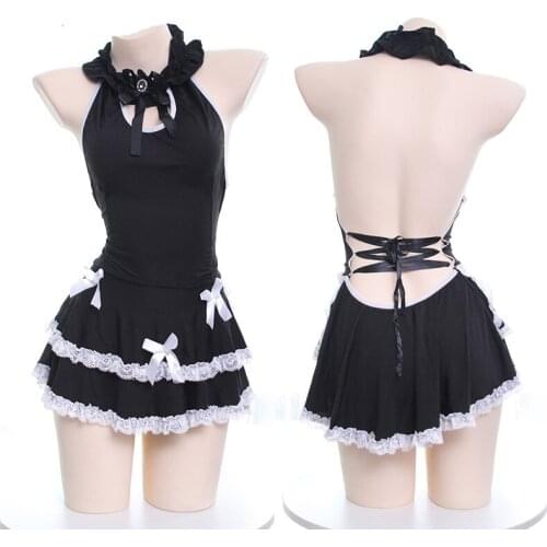 Sexy Japanese Sweet Lolita Cute Lace Bow Sleepwear Halter Backless Maid Dress Gothic Female Lace-up Pajamas Night skirt Lingerie