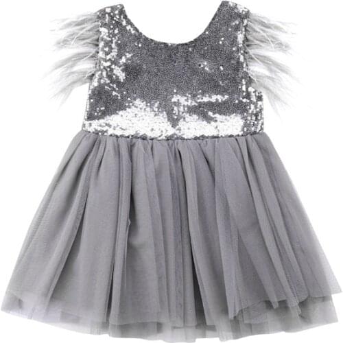 Emmababy Toddler Kids Baby Girls Dress Tassel Summer Gray Sequin Sleeveless Lace Tutu Tulle Party Princess Backless Dresses