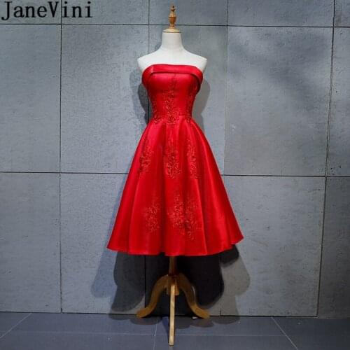 JaneVini Red Lace Appliqued Mother of the Bride Dresses for Weddings Tea-Length Satin Womens Party Gowns 2020 bestidos de fiesta