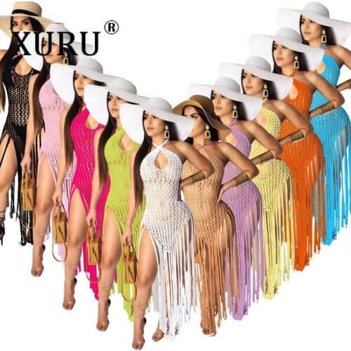 XURU European and American Womens New Style Dress Long Fringed Woven Dress Two-wear Method Fringed Bohemian Beach Dress