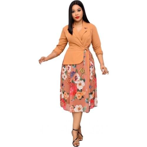 Fashion Floral Print African Dress Women Notched Neck Long Sleeve Midi Dress 2021 Spring Autumn New Elegant Office Lady Dress