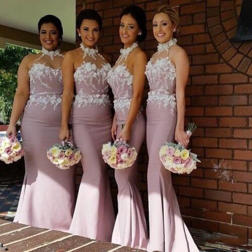 Sexy Halter Neck Mermaid Bridesmaid Dresses Womens Bridal Party Wear Dress Appliques Custom Made Prom Gowns 2018 Plus Size