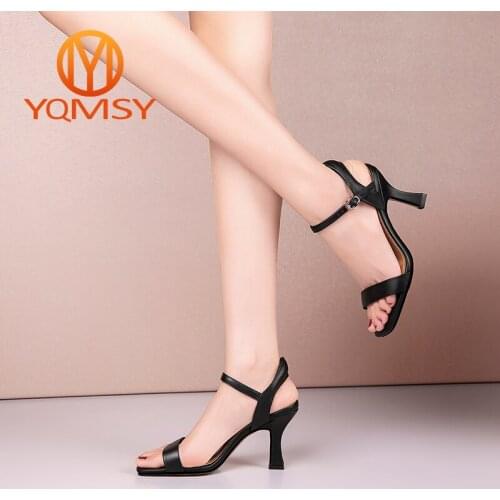 YQMSYNA Sexy Women Sandals Genuine Leather Thin Heels Party High Heeled Sandals Buckle Strap New Concise Dress Lady Shoes AS158