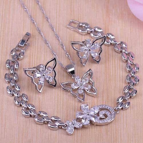 Earrings-necklace-bracelet set silver color butterfly square white crystal & Cubic Zircon bridal Jewelry for women