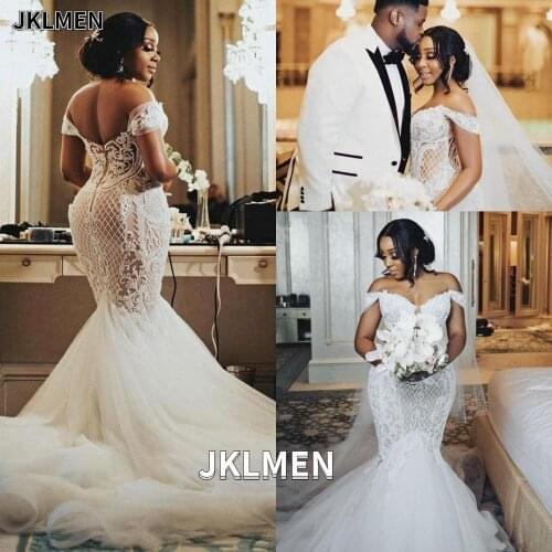 Mermaid Wedding Dress Long Robe De Mariage 2021 Off-the-Shoulder African Arabic Lace Custom Made Bride Reception Dress Wedding