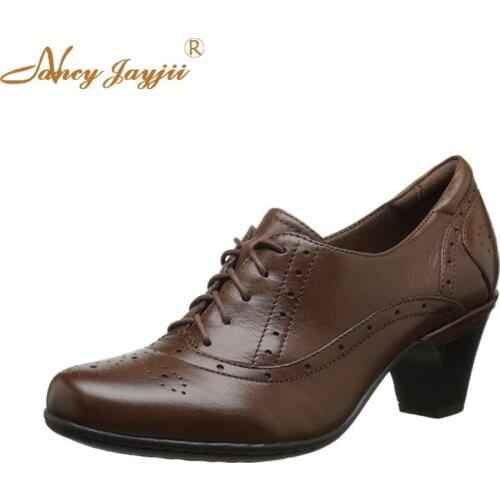 Female Shoes Woman Pumps Brown Solid Med Square heels Round Toe Lace-Up Cross-tied Casual Basic Fashion Leisure 2021
