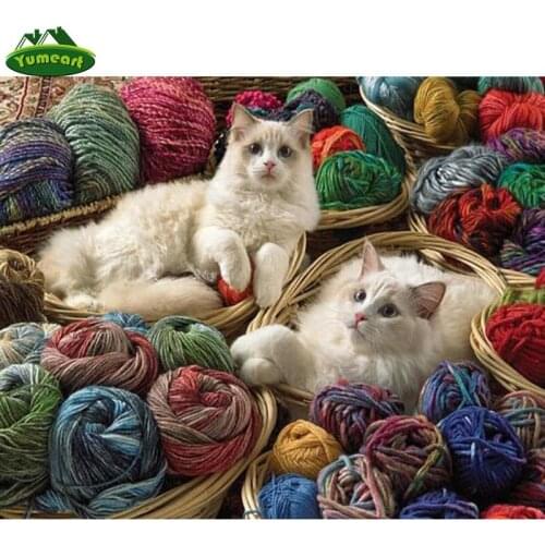 YUMEART Animals Cat Diamond Painting DIY Diamond Embroidery Canvas Art Cute Kittens Yarn Square Diamond Mosaic Home Decor Gift