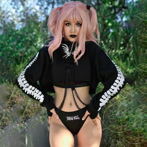Autumn Black Crop Top Female 2021 Long Lantern Sleeve Clothes with Chain Reflective Fishbone Print Gothic Punk Hoodies for Women