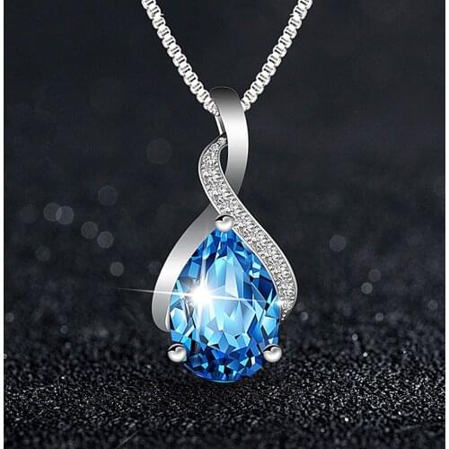 Fashion Blue Purple Crystal Amethyst Topaz Gemstones Diamonds Pendant Necklaces For Women White Gold Silver Color Jewelry Gifts