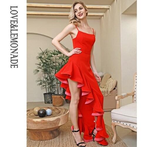 LOVE&LEMONADE Sexy Red Square Collar Asymmetrical Lower Body Ruffles Open Back Bodycon Maxi Dress LM82505