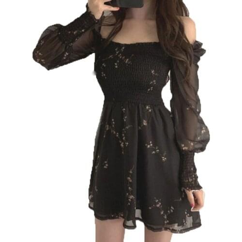 2021Spring and Autumn FashionWomens Sexy Black Dress Vintage Flower Long Puff Sleeve Chiffon Korean Casual Mini Dresses Clothes