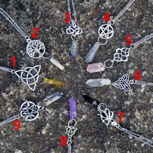 1pc Vintage 9Type Celtics Knot Wiccan Pentagram Star Life Tree Octopus Pendant Necklace Crystal Quartz Stone For Women Men