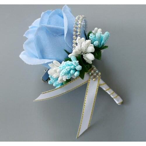 5Pieces/Lot Handmade Wedding Corsage Groom Boutonniere Groomsman Buttonhole Artificial Flower Blue Silk Rose Man Brooch Flowers