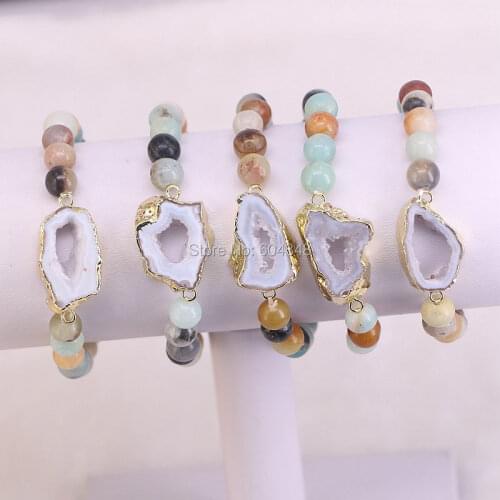 5 Strands Fahsion bracelet nature geode connector with amazonite beads stretch bracelet