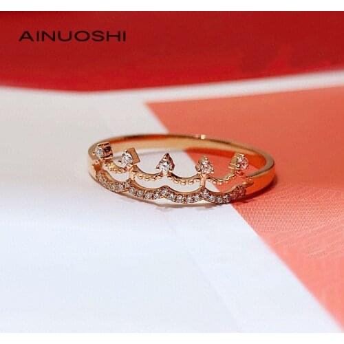 AINUOSHI 0.078ct Round Real Natural Diamond Engagement for Women Exclusively Handcrafted 18K Gold Fashion Crown Ring Jewelry