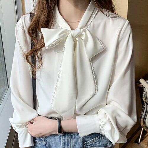 Long Sleeve White Blouse Women Blouses Shirts Blusas Mujer De Moda 2021 Blouse Women Bow V-neck Chiffon Blouse Shirt Tops D398
