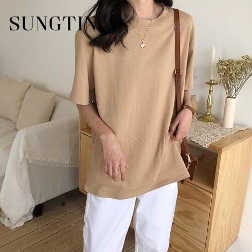 Sungtin Oversized White Solid O Neck Short Woman Loose Basis T Shirts Korean Chic Tops Vintage Elegant Female Summer 4 Colors