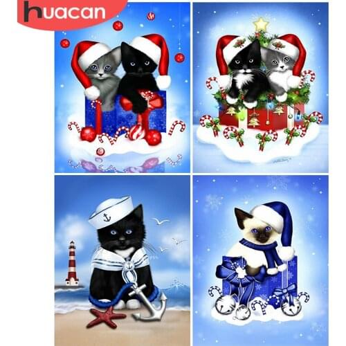 HUACAN Diamond Painting Christmas Cat 5D DIY Diamond Embroidery Cross Stitch Animal Mosaic Rhinestone Decoration For Home