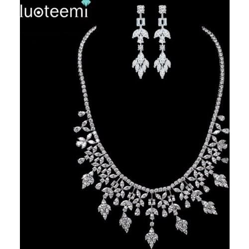 LUOTEEMI New Luxury White Gold-Color Multi Crystal Bridal Jewelry For Brides Necklace Wedding Party Accessories For Women