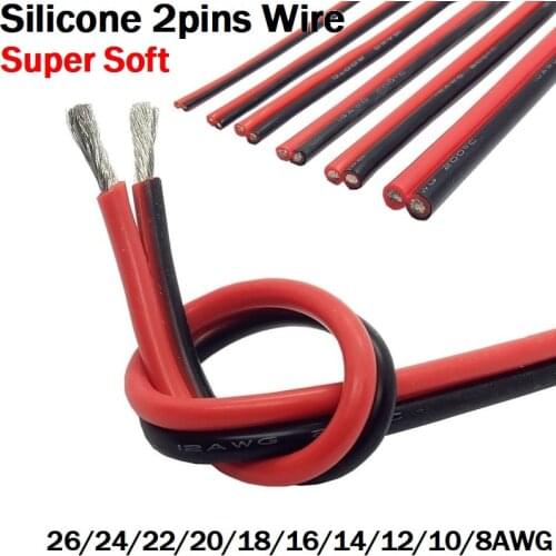 1M Wire Cable 10 12 14 16 18 20 22 24 AWG 2Pins Ultra Soft Silicone Rubber Copper Cable Electric DIY Lamp Connector Black Red