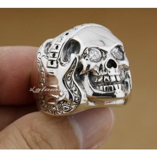 Guitar Music Skull 925 Sterling Silver Clear Eyes Stone Mens Biker Ring 9D009 US Size 7 to 15