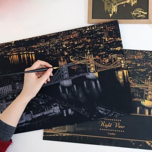 Educational Game Manual Activity Child Scratch Night View London Paris Seoul Hamburg Florence New York Hong Kong Las Vega Toys