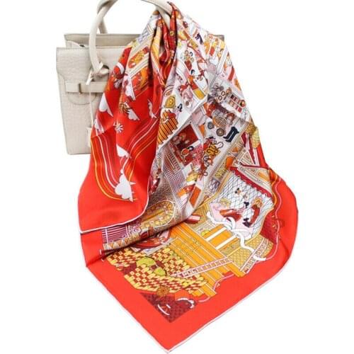 Luxury 100% Twill Silk Scarf Bandana Women Fashion Party Print Shawl Hijab Head Neck Hair Kerchief 90*90cm