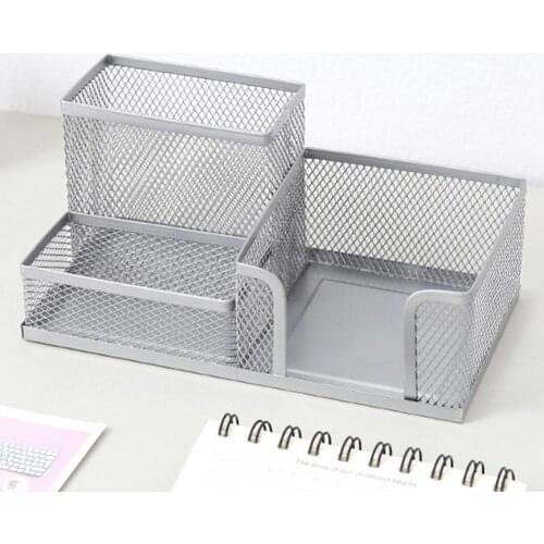 3 Grid Iron Desktop Pen Holder Storage Box Mesh Organizer Home Stationery Case Metal Material Mesh Design Stylish and Durable