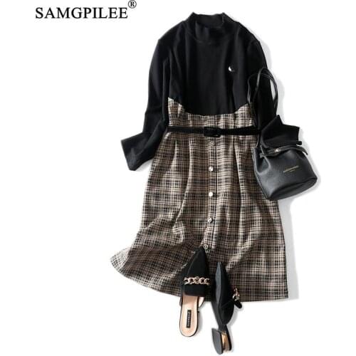 Women Dresses Autumn 2021 Casual A-line Plaid Wrist Sleeve Sashes Knee-length Empire O-neck Winter Plus Size Dresses For Women